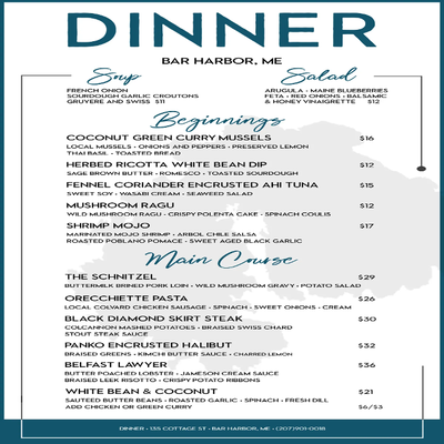 Menu photo 5 Dinner Bar Harbor Bar Harbor, ME
