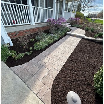 Figgins Trees & Turf - Unilock Westport front entry with Cast landscape lighting and plantings. - Landscaping Near Me - Oswego, Illinois