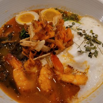 Cha Menya - Triple shrimp ramen, $16. Served with wild Gulf Shrimp, topped with a delicate coconut foam - Ramen Near Me - Douglaston, New York