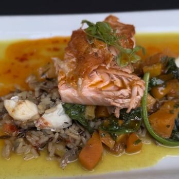 The Belvedere Inn - PAN SEARED SALMON (GF) wild rice with lump crab, roasted butternut squash with poached raisin, spinach, spicy coconut curry, and chili oil - New American Near Me - Lancaster, Pennsylvania The Belvedere Inn - PAN SEARED SALMON (GF) wild rice with lump crab, roasted butternut squash with poached raisin, spinach, spicy coconut curry, and chili oil - New American Near Me - Lancaster, Pennsylvania