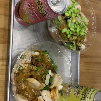 Honolulu Poke Bar - Two Poké bowls, self chosen with house dressing (10/10), alongside two Aloha juices, similar to Hawaiian Sun Brand juice from the islands. - Poke Near Me - Johnstown, Colorado