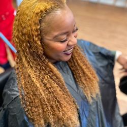 Destyns Salon - Custom colored micro links are used with this style. We used our collection Virgin Hair Chick to blend in with her texture.
