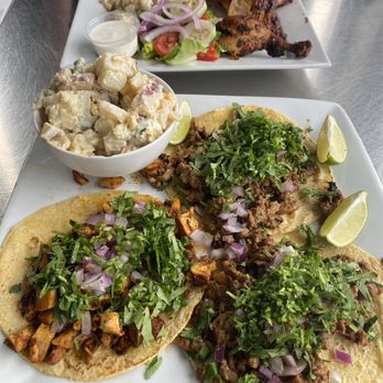 What A Chicken - Three tacos (chicken and pastor)  and potato salad.  Four piece chicken with rice and potato salad. - Mexican Near Me - Petaluma, California