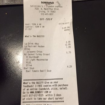 Schlotzsky's - Receipt - Delis Near Me - Irving, Texas
