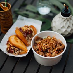 Kalua Pork Buns on the left, Maui Fresh Rice Bowl on the right.