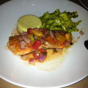 Passionfish - Wild Salmon, mango salsa, squash ribbons. - Seafood Near Me - Pacific Grove, California Passionfish - Wild Salmon, mango salsa, squash ribbons. - Seafood Near Me - Pacific Grove, California