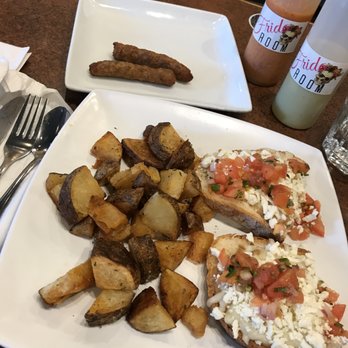 Frida Room - Molletes (under Mexican breakfast) and a side of two sausage links. Those 2 sauces were spicy lol - Breakfast & Brunch Near Me - Chicago, Illinois
