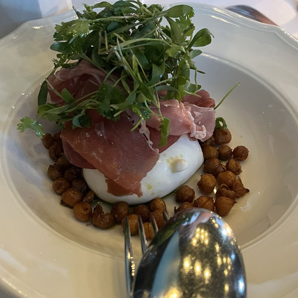 Osteria Mozza - Peach and Burrata dish with Prosciutto. - Italian Near Me - Los Angeles, California Osteria Mozza - Peach and Burrata dish with Prosciutto. - Italian Near Me - Los Angeles, California