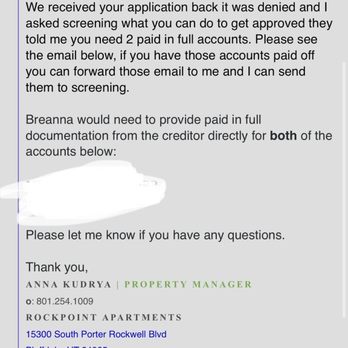 Rockpoint Apartment Homes - Email stating I was denied but no info about price increase - Apartments Near Me - Bluffdale, Utah Rockpoint Apartment Homes - Email stating I was denied but no info about price increase - Apartments Near Me - Bluffdale, Utah