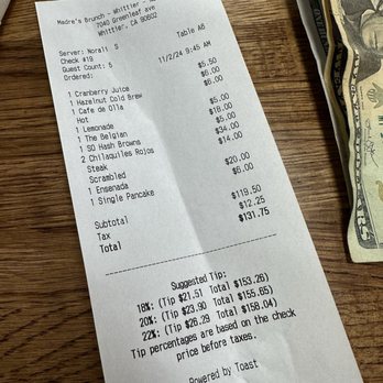 Madres Brunch - Receipt of made up charges on the spot. - Breakfast & Brunch Near Me - Whittier, California Madres Brunch - Receipt of made up charges on the spot. - Breakfast & Brunch Near Me - Whittier, California