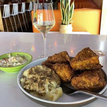 Chx Shop - Signature fried chicken plate with mashed potatoes and gravy and coleslaw, with bogle wine. - Chicken Shop Near Me - Cameron Park, California