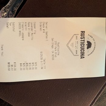 Rusticucina - Receipt Aug 26 - Italian Near Me - San Diego, California Rusticucina - Receipt Aug 26 - Italian Near Me - San Diego, California