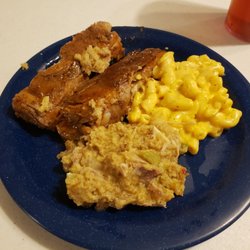 Joseph's Restaurant - 1st plate, mac and cheese, smothered ribs, and dressing