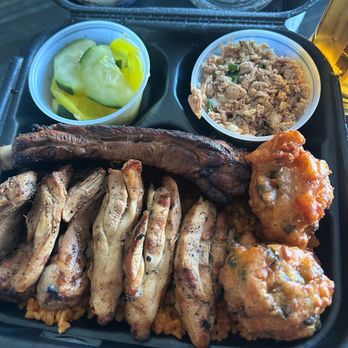 Red Rice - Cucumber & daigo, chicken kelaguen, beef rib, bbq chicken, shrimp patties, red rice - Barbeque Near Me - Las Vegas, Nevada Red Rice - Cucumber & daigo, chicken kelaguen, beef rib, bbq chicken, shrimp patties, red rice - Barbeque Near Me - Las Vegas, Nevada