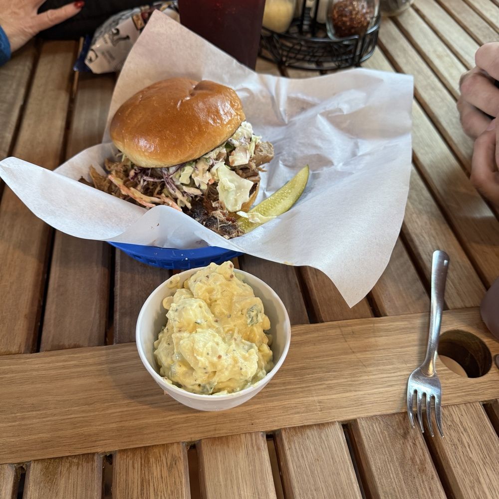 Pulled pork and potato salad. Pulled pork and potato salad.
