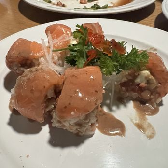 Oishi Sushi - Foreground: Salmon In-N-Out Roll (balsamic vinaigrette atop) Background: Rising Hamachi Roll - Japanese Near Me - Glendale, California Oishi Sushi - Foreground: Salmon In-N-Out Roll (balsamic vinaigrette atop) Background: Rising Hamachi Roll - Japanese Near Me - Glendale, California