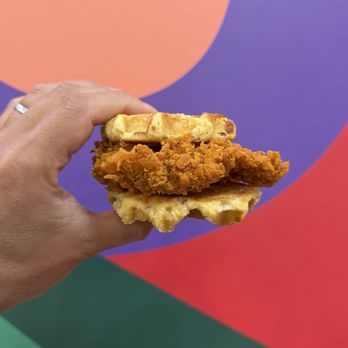 Jollibee - Chicken & Waffles Sandwich (crispy chicken filet between two maple-flavored waffles infused with pearl sugar; with a side of hot honey) - Fast Food Near Me - Panorama City, California Jollibee - Chicken & Waffles Sandwich (crispy chicken filet between two maple-flavored waffles infused with pearl sugar; with a side of hot honey) - Fast Food Near Me - Panorama City, California