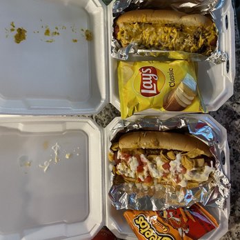 That's My Dog - 2 meals +chips and drink. Pictured are meal #6 Frito Pie (box with cheeto bag) & #4 Dirty Dig (with lays bag) - Hot Dogs Near Me - Katy, Texas