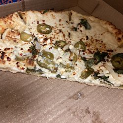Domino's Pizza - Alfredo sauce (Light) Jalapeños(Light) Spinach(Light) Feta and regular cheese. I order light because less is more. Too much makes me gag