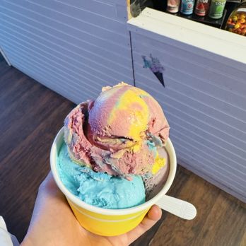MyKings IceCream - Superman, blue moon, and huckleberry flavors in my cup! All delicious. - Desserts Near Me - Denver, Colorado