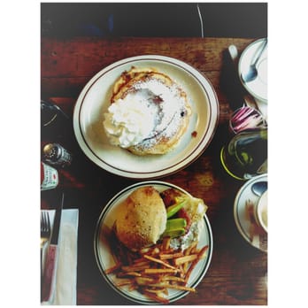 Simple Cafe & Restaurant - Nutella blueberry pancakes & bacon avo egg goat cheese sando with amazing fries and house made bread so good! - New American Near Me - Brooklyn, New York