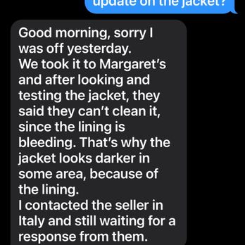 Apadana Cleaners - Acknowledgement from Apadana Cleaners the jacket could not be restored. - Sewing & Alterations Near Me - San Diego, California