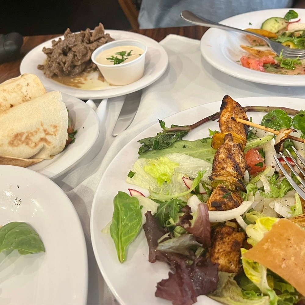 Chicken Kebab Platter with fatoush salad (no rice), beef shawarma wrap Chicken Kebab Platter with fatoush salad (no rice), beef shawarma wrap