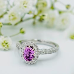 J Thomson Custom Jewelers - Pink Sapphire halo style engagement ring with pave diamonds everywhere !
