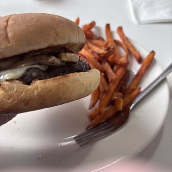 Skyline Diner - Mushroom Swiss burger with a side of sweet potato fries - Breakfast & Brunch Near Me - Rensselaer, New York