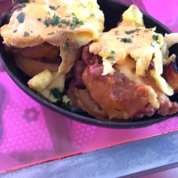Big Pink - Fried chicken and eggs Benedict (instead of English muffin it had waffles.. And asked for scrambled egg instead of poached) - Pizza Near Me - Miami Beach, Florida