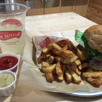 B.GOOD - Turkey burger el guapo style, "real fries", rosemary lemonade, restaurant's custom ketchup and mustard - Burgers Near Me - Boston, Massachusetts B.GOOD - Turkey burger el guapo style, "real fries", rosemary lemonade, restaurant's custom ketchup and mustard - Burgers Near Me - Boston, Massachusetts
