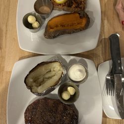 Peddler Steak House - Grilled Salmon, Sweet Potato and 10 oz Filet with 7 Pepper Seasoning, Baked Potato