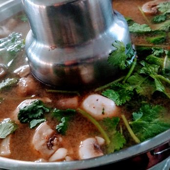 Thai Barbeque - Hot and sour soup with shrimp, again comes hot with sterno flame underneath, so no complaints about cold soup...1/1/2017 - Thai Near Me - Long Beach, California