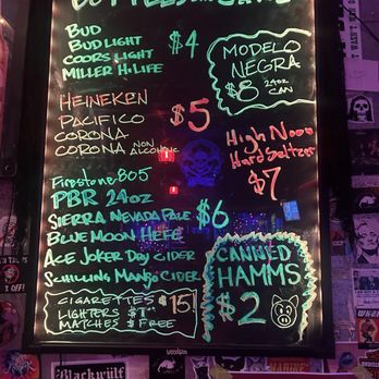 Merchant's Saloon - Inside menu, bottles and cans on deck - Dive Bars Near Me - Oakland, California Merchant's Saloon - Inside menu, bottles and cans on deck - Dive Bars Near Me - Oakland, California