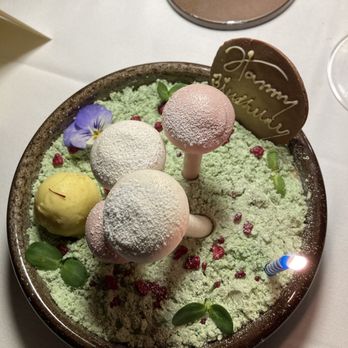 Musaafer - Dried yogurt mushrooms with powdered pistachios yogurt dirt with almond cake hidden underneath the creamy yogurt - Indian Near Me - Houston, Texas