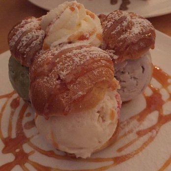 Prince Tea House - pâte à choux: green tea, strawberry, and red bean ice cream.  The caramel sauce was BITTER. - Tea Rooms Near Me - Flushing, New York