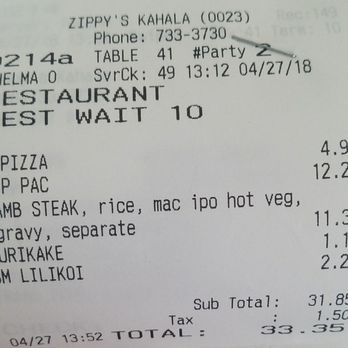 Zippy's Kahala - Lunch 4/27/18. $33.35 - Diners Near Me - Honolulu, Hawaii Zippy's Kahala - Lunch 4/27/18. $33.35 - Diners Near Me - Honolulu, Hawaii