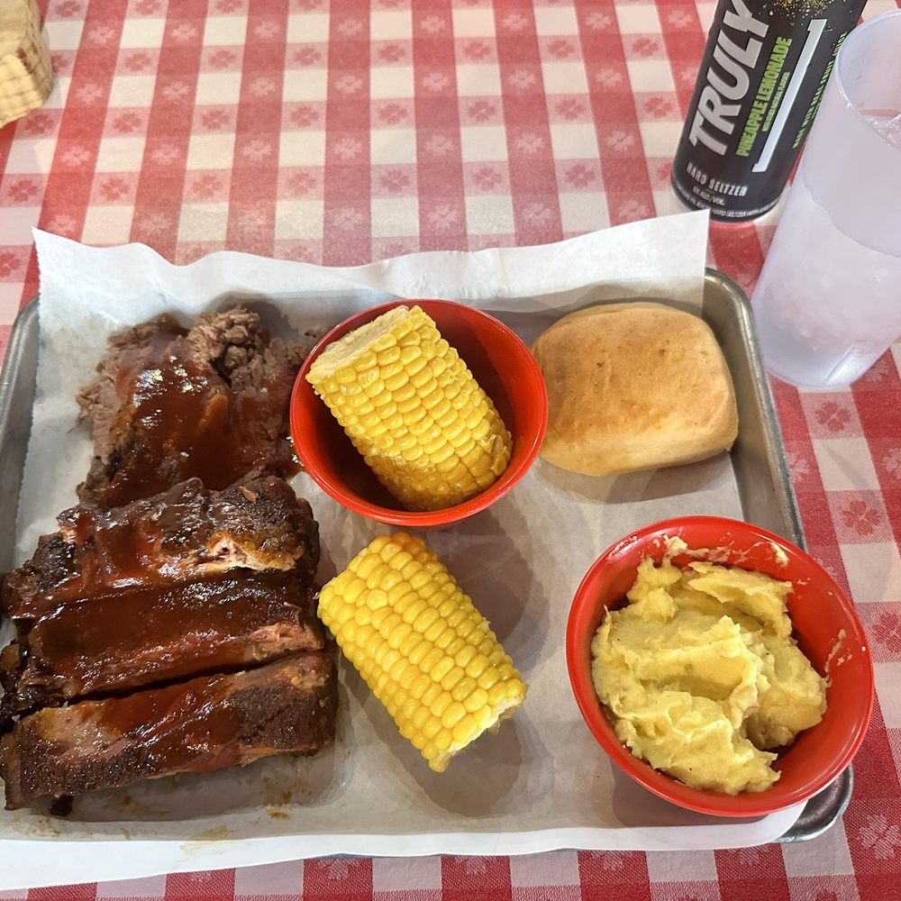 Southern BBQ - 2 meat combo brisket and ribs with corn on the cob and mustard potato salad sides - Barbeque Near Me - Sanger, Texas