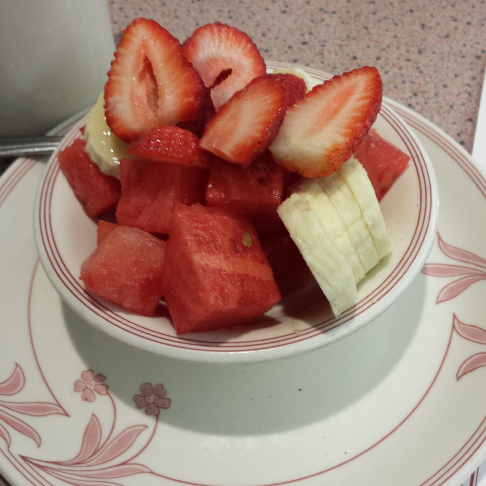 Beautiful, fresh fruit side..served with my omlette.. Beautiful, fresh fruit side..served with my omlette..