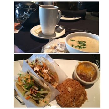 Yard House - Top: Oolong hot organic green tea with a clam chowder soup, Bottom: Korean beef taco & Korean pork taco with rice & pinto beans - New American Near Me - Denver, Colorado
