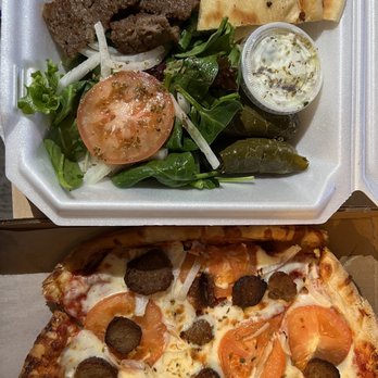 Santorini Cafe - 12" Meatball Pizza & Plates (Lamb) - Greek Near Me - Austin, Texas Santorini Cafe - 12" Meatball Pizza & Plates (Lamb) - Greek Near Me - Austin, Texas
