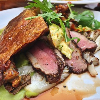 Foreign Cinema - Spiced duck breast & confit leg, apricots, chanterelles, fava puree, radicchio, Squash blossom butter - Breakfast & Brunch Near Me - San Francisco, California