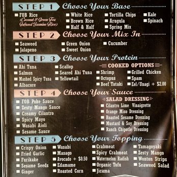 FOB Poke Bar- Seattle - Menu board explaining ordering sequence with steps and ingredients - Poke Near Me - Seattle, Washington