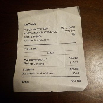 Lechon - This was while I waited at the bar..wellness fee? I just noticed it..have no idea what it is - Tapas Bars Near Me - Portland, Oregon
