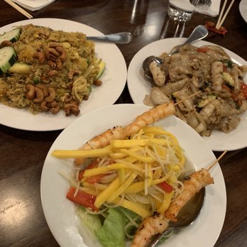 Thai Chili House - Closewise from top-left corner: pineapple fried rice, pad kee maw, and mango shrimp salad - Thai Near Me - Hillsborough, New Jersey