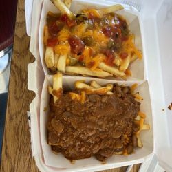 Blake's Lotaburger - Green chile cheese fries and regular chili cheese fries