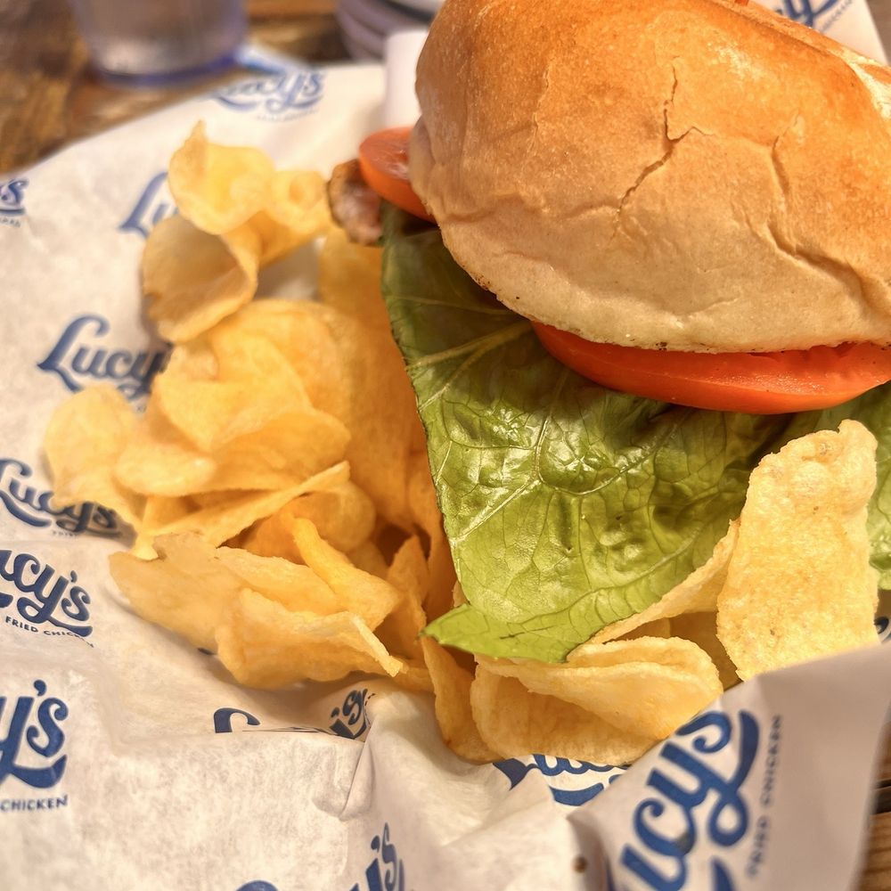 Lucy's Fried Chicken - Chicken Sandwich with kettle chips - New American Near Me - Austin, Texas Lucy's Fried Chicken - Chicken Sandwich with kettle chips - New American Near Me - Austin, Texas
