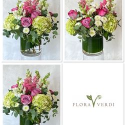 Flora Verdi - 5" cylinder vase . Mini green hydrangea and pink garden mix. $85.00+