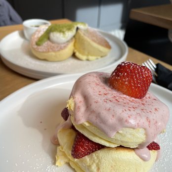 Flipper’s - Front: Strawberry Flipper's Pancake. Back: Matcha Flipper's Pancake. - Pancakes Near Me - New York, New York