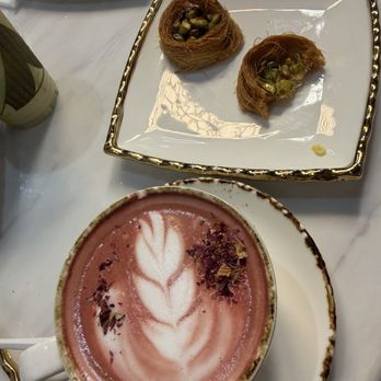 Delah Coffee - Rose latte with baklava - Coffee & Tea Near Me - Dublin, California Delah Coffee - Rose latte with baklava - Coffee & Tea Near Me - Dublin, California